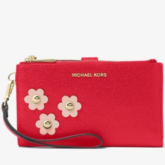 New Michael Kors Adele Floral Appliqué Leather Smartphone Double Zip Wristlet - Picture 1 of 13